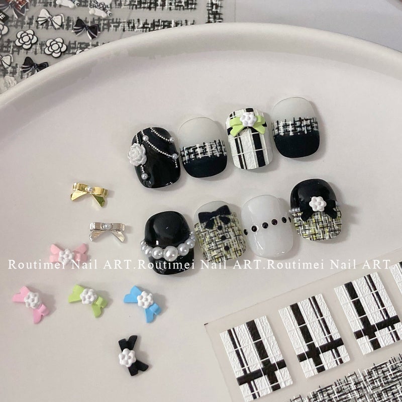 Nail Art Stickers Small Fragrant Style Black And White Plaid Bow Relief Adhesive Nail Decorations Cute Dopamine Simple - Image 5